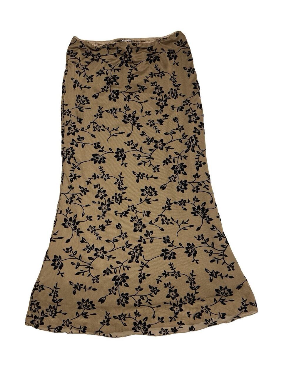 Vintage Tan Black Floral Mesh Midi Skirt Sheer Layered Y2K 90s Skirt Sz Small